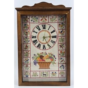 Vtg 70s Needlepoint Wall‎ Clock w/Wood Shadow Box Handmade Fruit Birds Flowers